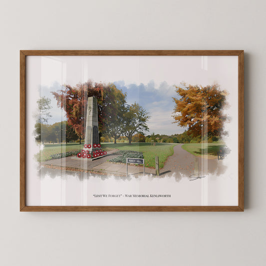 Kenilworth, Warwickshire Local Landmark Print - War Memorial Kenilworth by Simon Lambert. Framed or Unframed Print Various Sizes