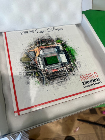 Personalised Football Stadium Aerial Watercolour Style Artwork on Mounted Ceramic Tile