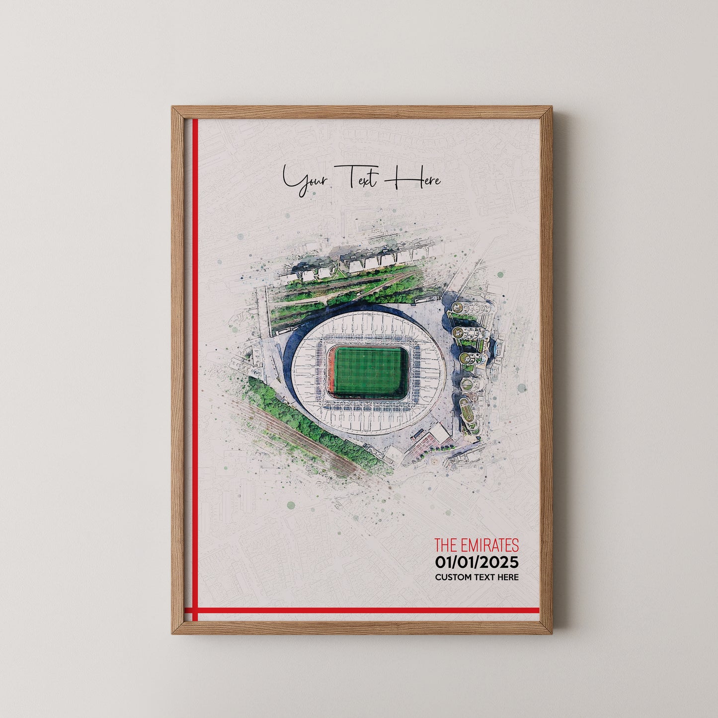 Arsenal, 'Emirates' Football Stadium Poster Artwork, Personalised Watercolour Art Print, Custom Aerial Layout - Framing options available ANY STADIUM Worldwide.