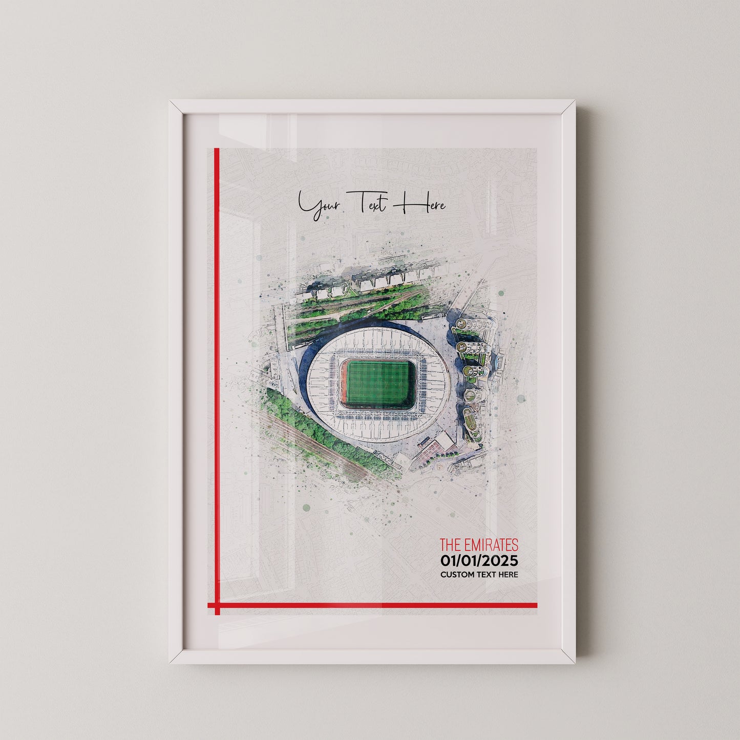 Arsenal, 'Emirates' Football Stadium Poster Artwork, Personalised Watercolour Art Print, Custom Aerial Layout - Framing options available ANY STADIUM Worldwide.