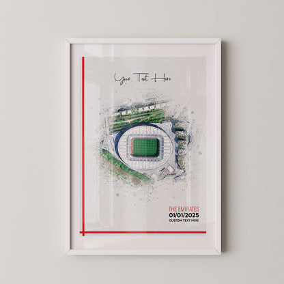 Arsenal, 'Emirates' Football Stadium Poster Artwork, Personalised Watercolour Art Print, Custom Aerial Layout - Framing options available ANY STADIUM Worldwide.