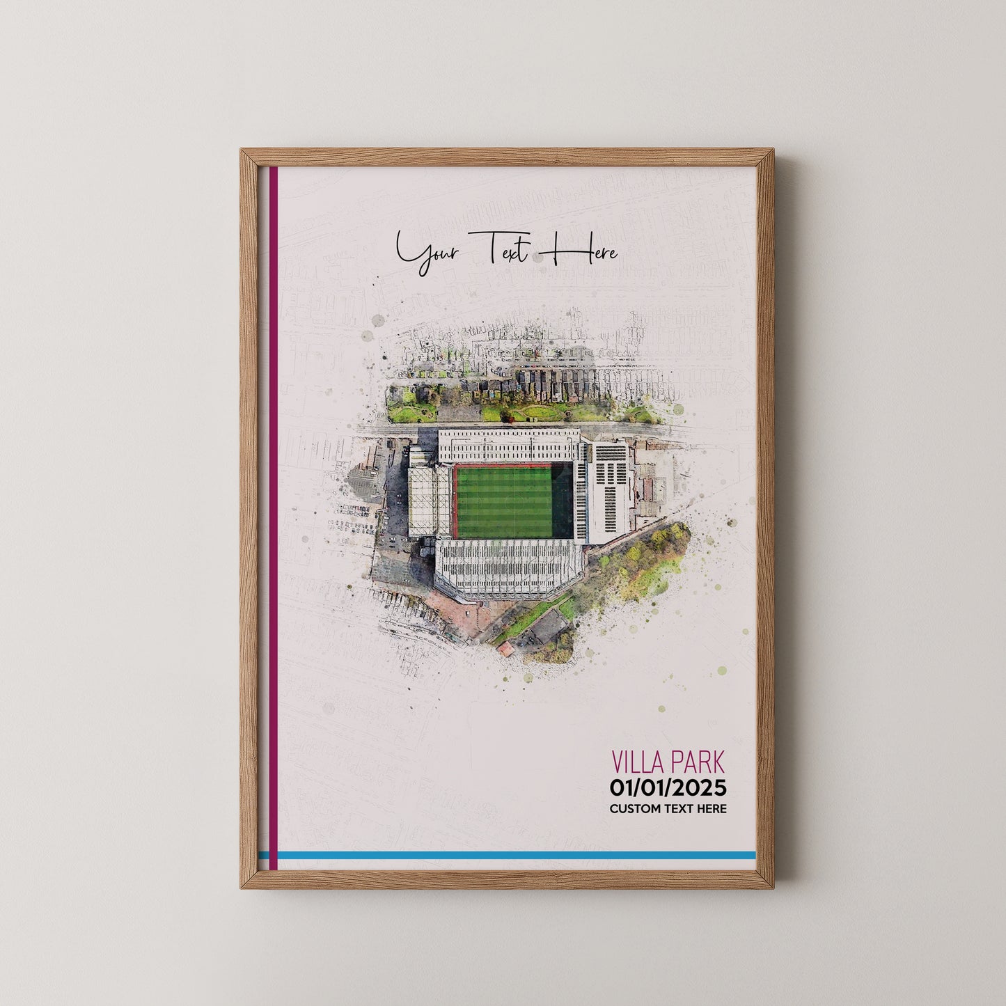 Aston Villa, 'Villa Park' Football Stadium Poster Artwork, Personalised Watercolour Art Print, Custom Aerial Layout - Framing options available ANY STADIUM Worldwide.