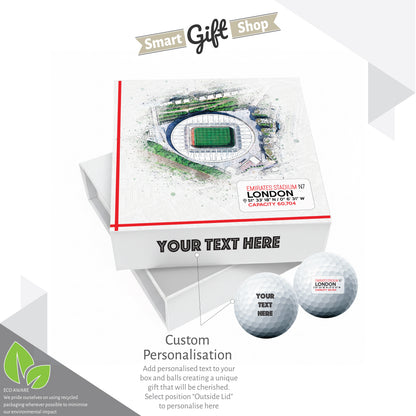 Personalised Branded 9 Golf Ball Set in Football Stadium Customised Box - Soccer Themed Golfer's Gift, Father's Day, Retirement, Birthday
