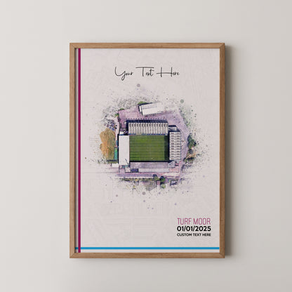 Burnley, 'Turf Moor' Football Stadium Poster Artwork, Personalised Watercolour Art Print, Custom Aerial Layout - Framing options available ANY STADIUM Worldwide.