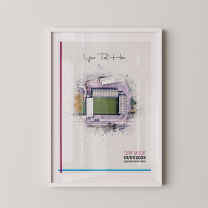 Burnley, 'Turf Moor' Football Stadium Poster Artwork, Personalised Watercolour Art Print, Custom Aerial Layout - Framing options available ANY STADIUM Worldwide.
