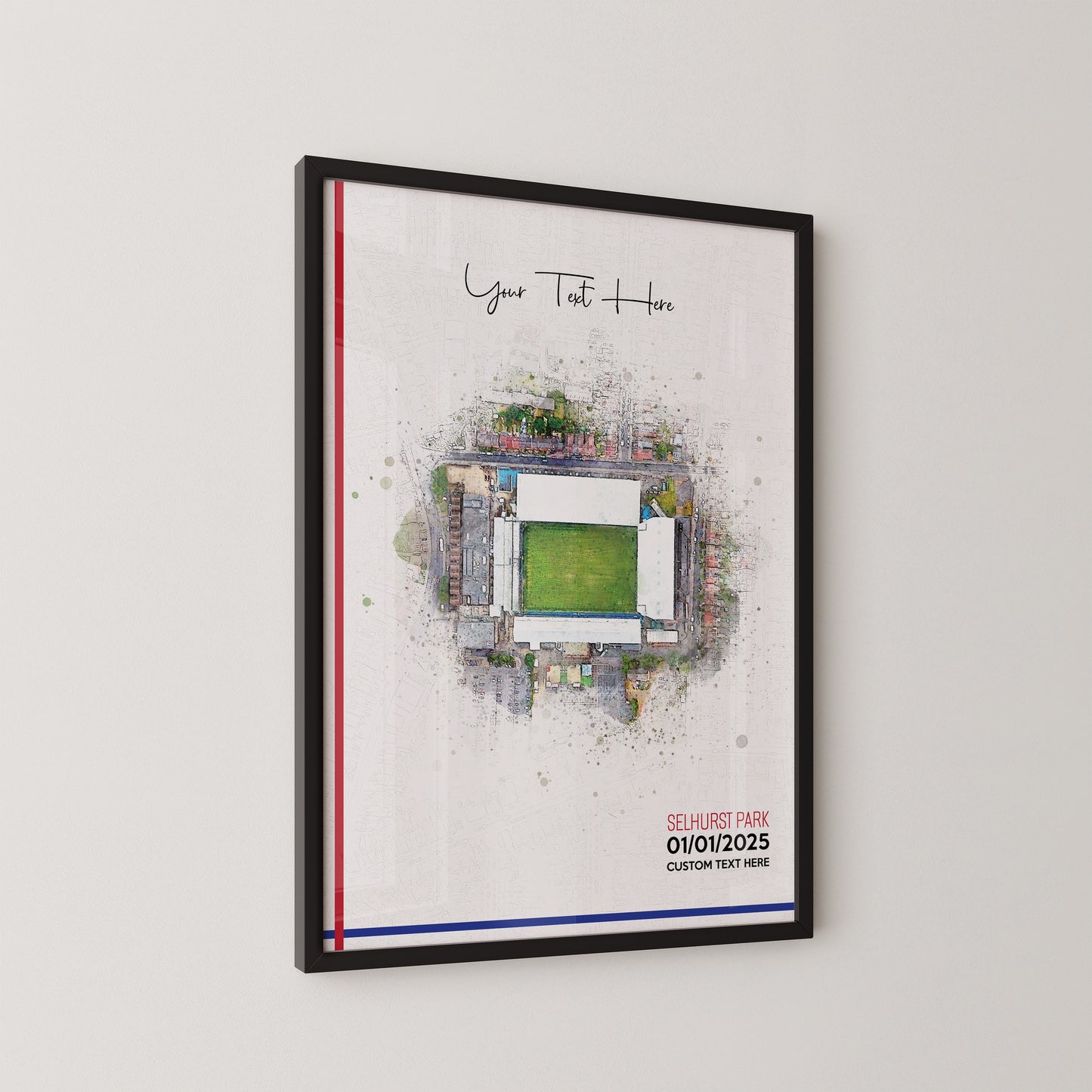 Crystal Palace, 'Selhurst Park' Football Stadium Poster Artwork, Personalised Watercolour Art Print, Custom Aerial Layout - Framing options available ANY STADIUM Worldwide.