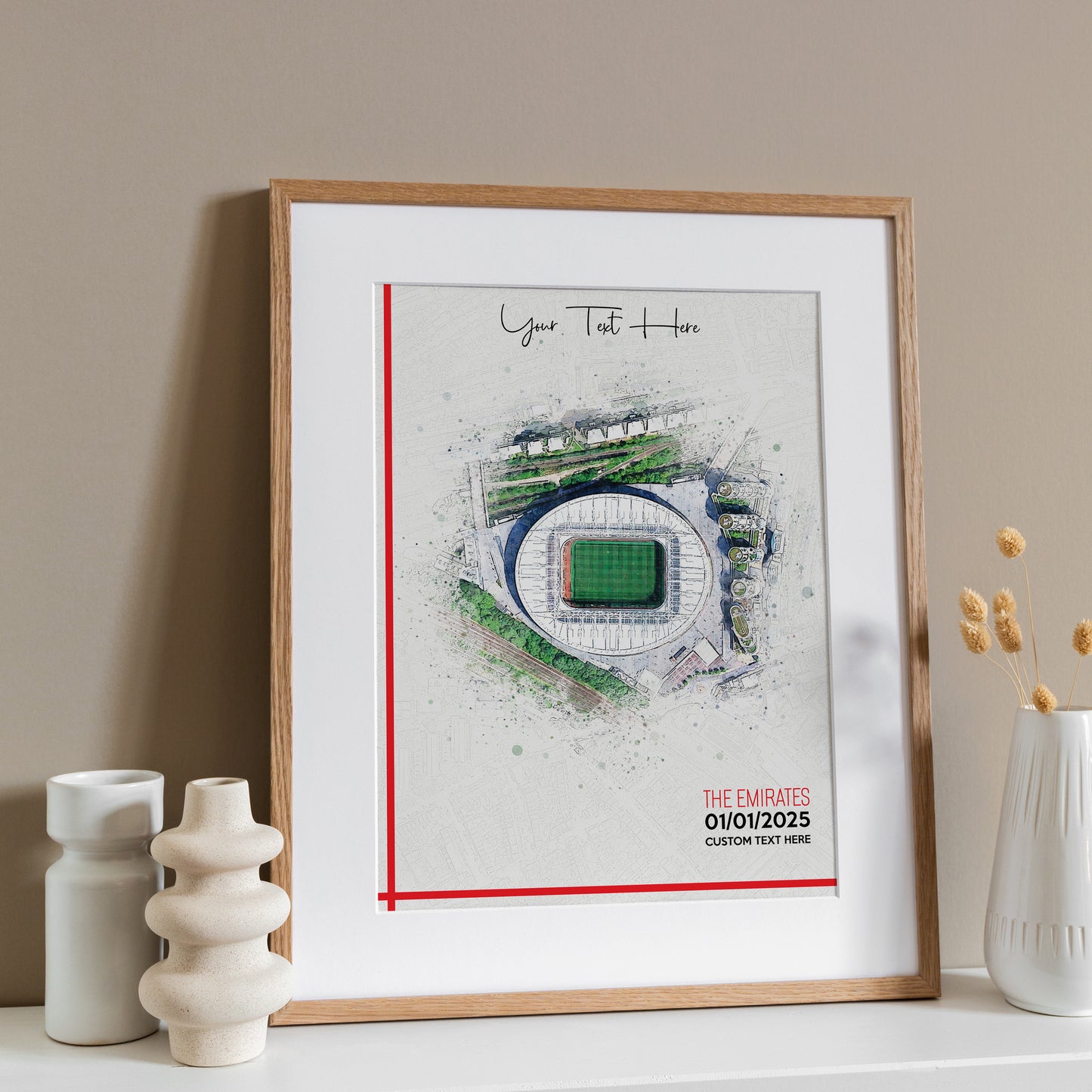 Arsenal, 'Emirates' Football Stadium Poster Artwork, Personalised Watercolour Art Print, Custom Aerial Layout - Framing options available ANY STADIUM Worldwide.