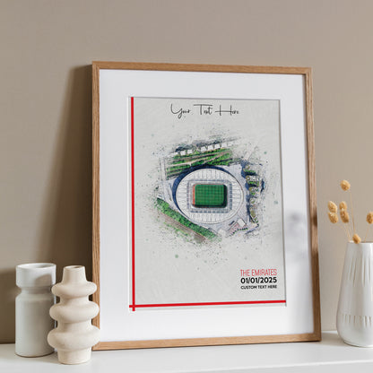 Arsenal, 'Emirates' Football Stadium Poster Artwork, Personalised Watercolour Art Print, Custom Aerial Layout - Framing options available ANY STADIUM Worldwide.
