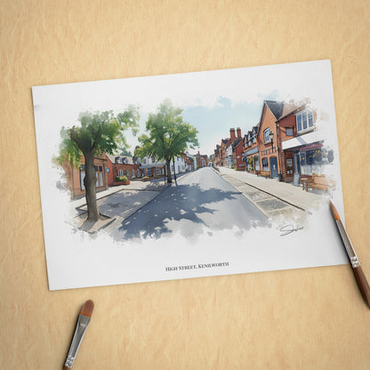 Kenilworth, Warwickshire Local Landmark Print - Kenilworth High Street by Simon Lambert. Framed or Unframed Print Various Sizes