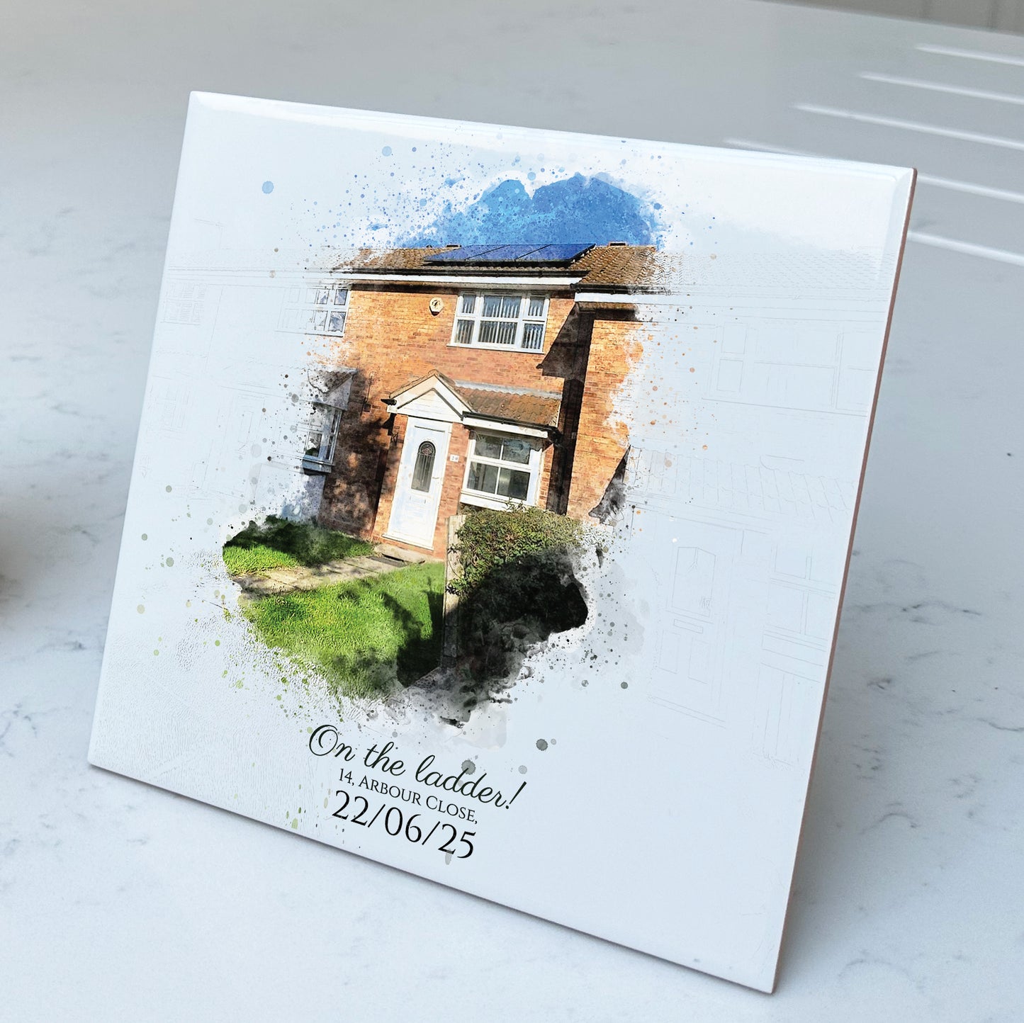 Estate Agency Branded Personalised New Home / House Watercolour Style Artwork on Mounted Ceramic Tile
