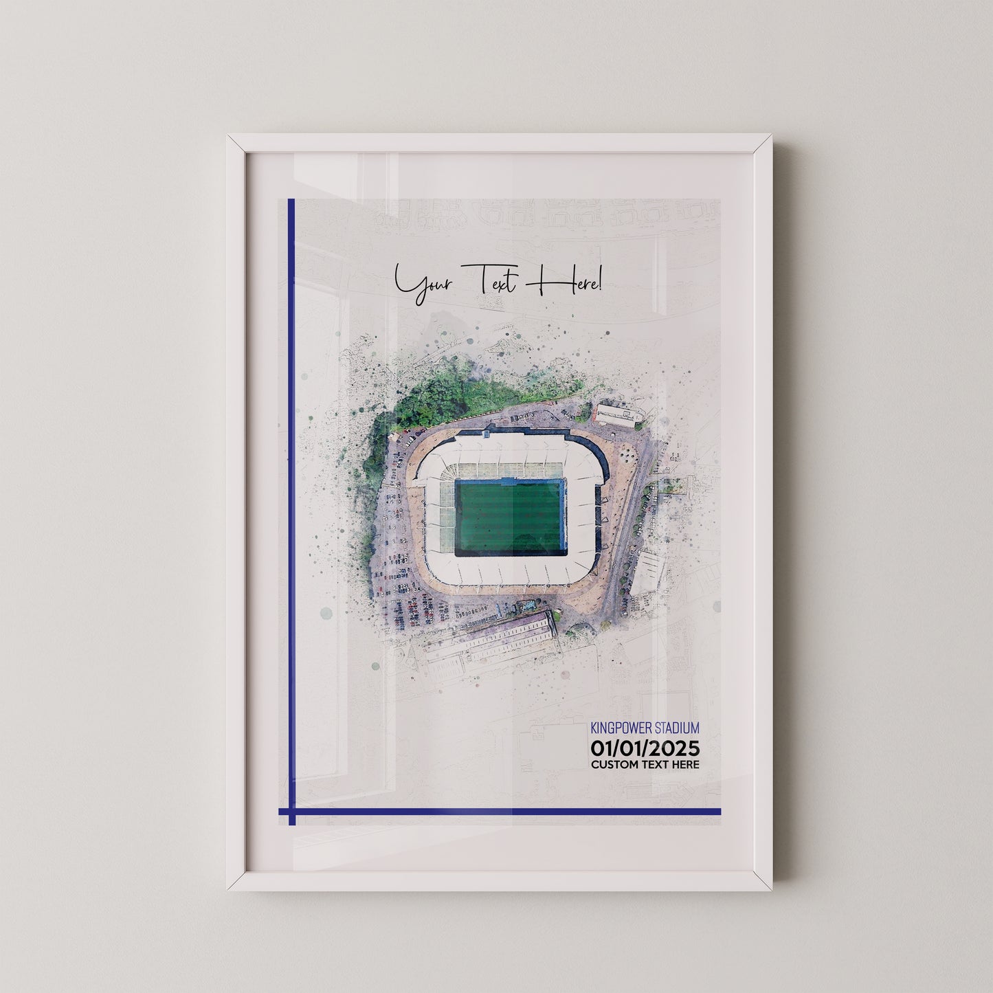 Leicester, 'King Power Stadium' Football Stadium Poster Artwork, Personalised Watercolour Art Print, Custom Aerial Layout - Framing options available ANY STADIUM Worldwide.