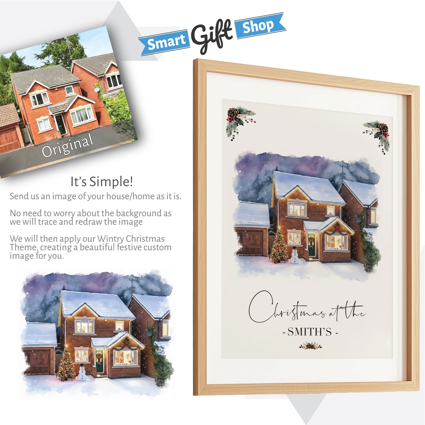 Custom Christmas Home/House Watercolour Scene Personalised Welcome Artwork. Framed or Unframed Print Various Sizes