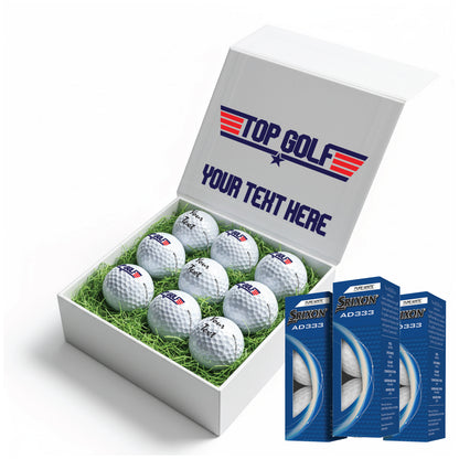 TOP GOLF: Personalised Branded 9 Golf Ball Set in Customised Box - Novelty Movie Themed Golfer's Gift, Father's Day, Retirement, Birthday