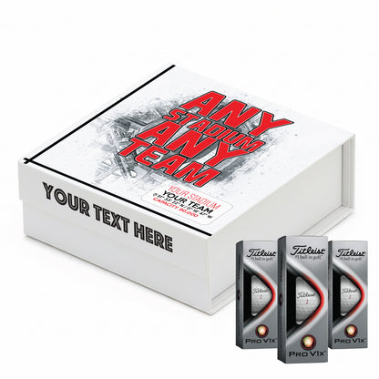 Personalised Branded 9 Golf Ball Set in Football Stadium Customised Box - Soccer Themed Golfer's Gift, Father's Day, Retirement, Birthday