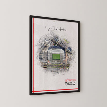 Manchester United, 'Old Trafford' Football Stadium Poster Artwork, Personalised Watercolour Art Print, Custom Aerial Layout - Framing options available ANY STADIUM Worldwide.