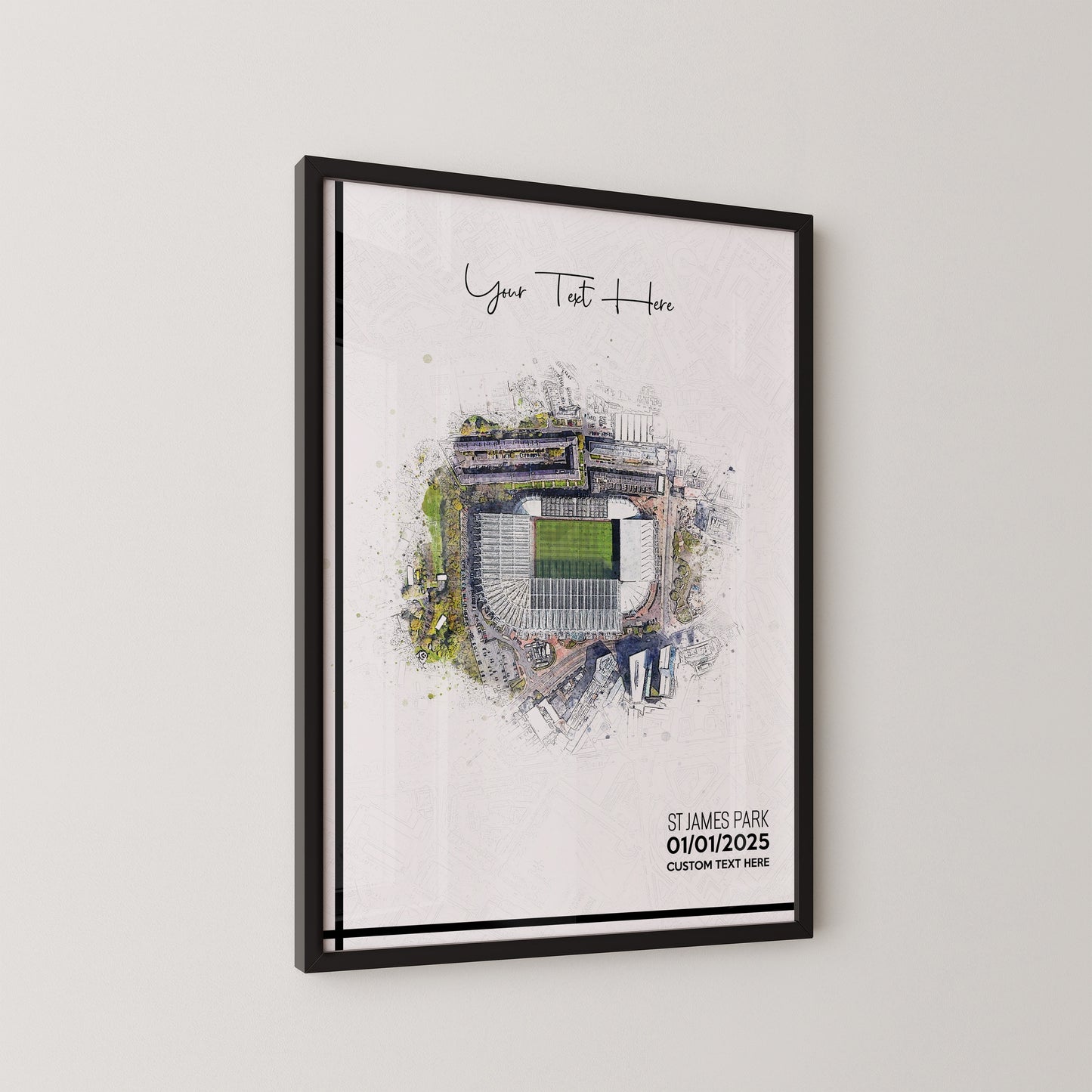 Newcastle United, 'St James' Park' Football Stadium Poster Artwork, Personalised Watercolour Art Print, Custom Aerial Layout - Framing options available ANY STADIUM Worldwide.