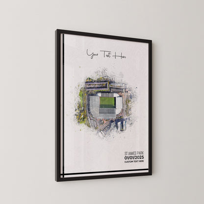 Newcastle United, 'St James' Park' Football Stadium Poster Artwork, Personalised Watercolour Art Print, Custom Aerial Layout - Framing options available ANY STADIUM Worldwide.