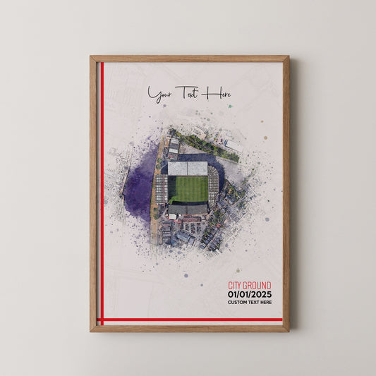 Nottingham Forest, 'The City Ground' Football Stadium Poster Artwork, Personalised Watercolour Art Print, Custom Aerial Layout - Framing options available ANY STADIUM Worldwide. (Copy)