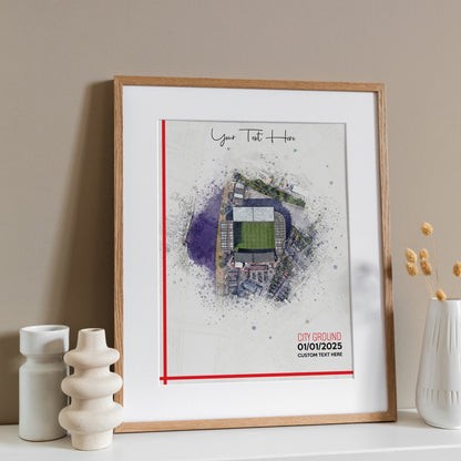 Nottingham Forest, 'The City Ground' Football Stadium Poster Artwork, Personalised Watercolour Art Print, Custom Aerial Layout - Framing options available ANY STADIUM Worldwide. (Copy)