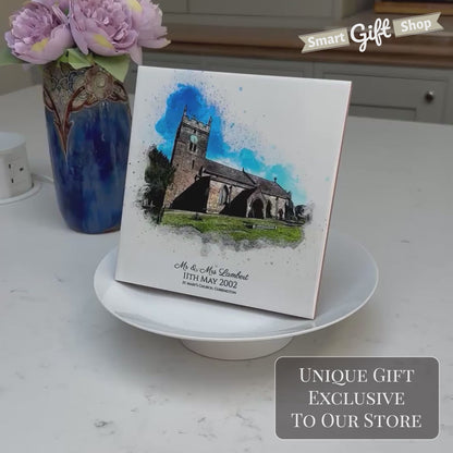 Personalised Wedding Venue / Anniversary Watercolour Style Artwork on Mounted Ceramic Tile