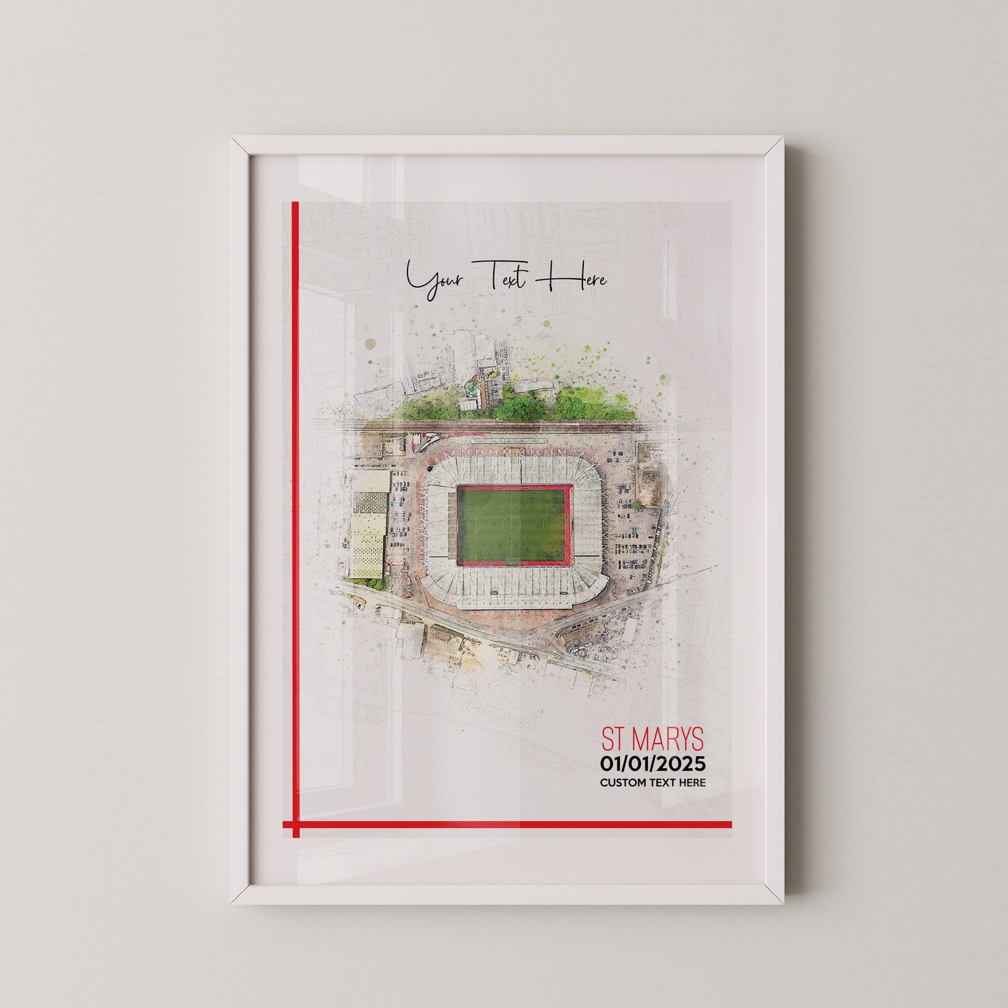 Southampton, 'St Mary's' Football Stadium Poster Artwork, Personalised Watercolour Art Print, Custom Aerial Layout - Framing options available ANY STADIUM Worldwide.