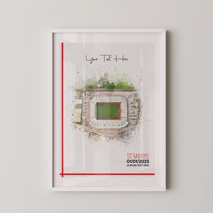 Southampton, 'St Mary's' Football Stadium Poster Artwork, Personalised Watercolour Art Print, Custom Aerial Layout - Framing options available ANY STADIUM Worldwide.