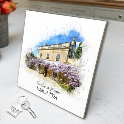 Estate Agency Branded Personalised New Home / House Watercolour Style Artwork on Mounted Ceramic Tile