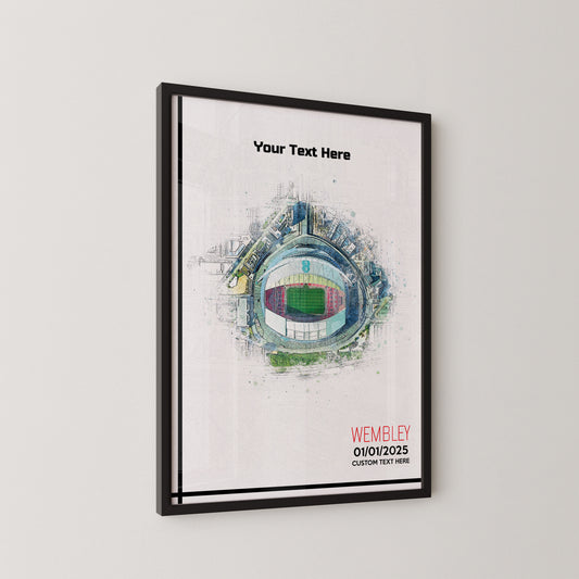Wembley, 'National Stadium' Football Stadium Poster Artwork, Personalised Watercolour Art Print, Custom Aerial Layout - Framing options available ANY STADIUM Worldwide.