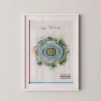 West Ham United, 'London Stadium' Football Stadium Poster Artwork, Personalised Watercolour Art Print, Custom Aerial Layout - Framing options available ANY STADIUM Worldwide.