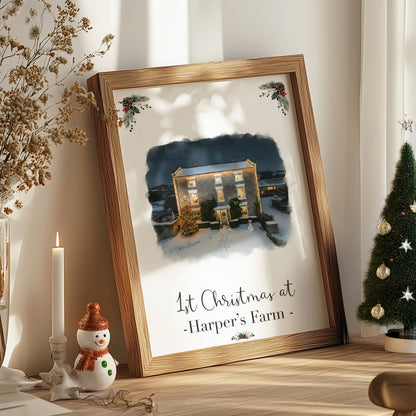 Custom Christmas Home/House Watercolour Scene Personalised Welcome Artwork. Framed or Unframed Print Various Sizes