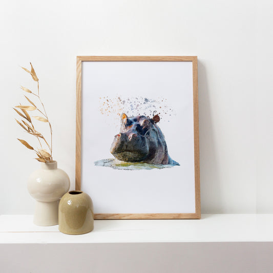 Hippo Portrait Splatter Style Artwork Fine Art Print (Unframed)
